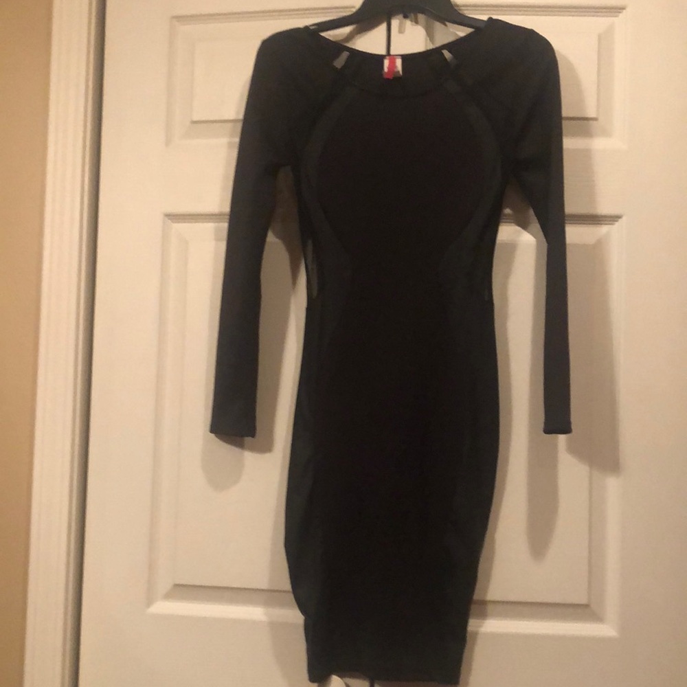 Babe Society -Small - Solid Black Sheer Mesh Cut Out Optical Illusion Dress
